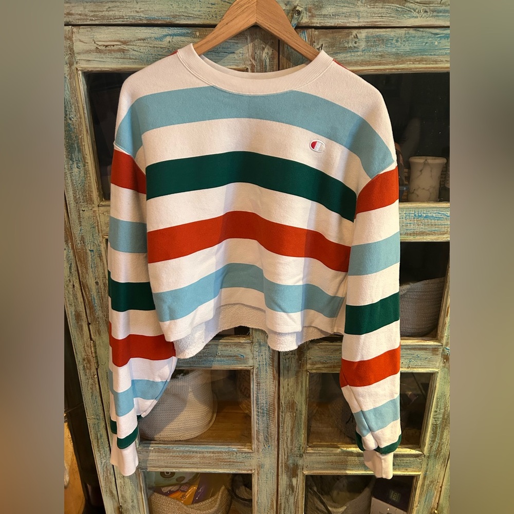 Champion Cropped Raw Hem Striped Crew Neck Sweater XL